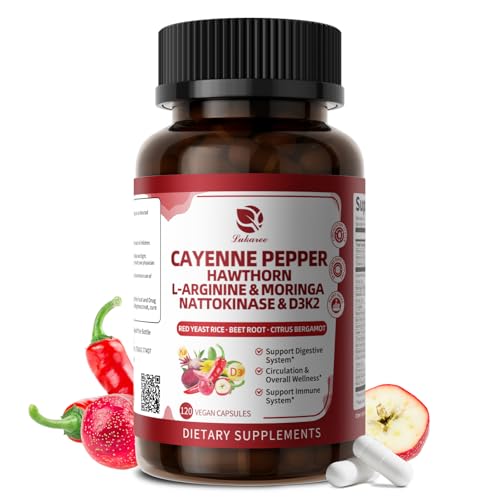 Cayenne Pepper Enteric-Coated Capsules - 18 in 1 Concentrated Complex wHigh Potency Nutrient Moringa, Hawthorn, L-Arginine & D3K2 - Supports Circulation, Heart & Digestion - Natural | GMP, 120 Ct