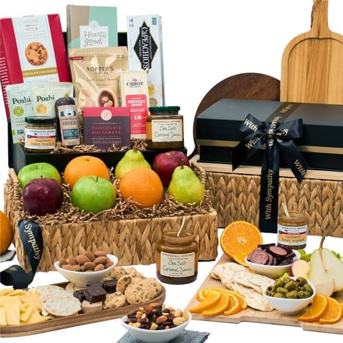 Sympathy Gift Fruit Basket of Fresh Fruits, Cheese, Meat, Chocolate, Crackers, Olives and Cookies by