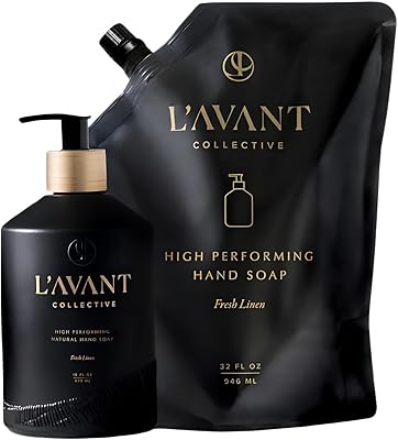 LAVANT Collective Hand Soap & Refill Bundle Fresh Linen | High Performing with Aloe Leaf Juice Notes of Bamboo, Ylang Ylang, Jasmine, Geranium, Sage Reusable Glass Bottle Kitchen Home Decor Gifts
