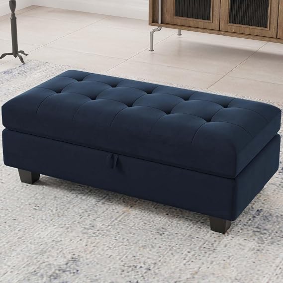 Belffin Oversized Rectangular Ottoman with Storage - Velvet Tufted Upholstered Footstool for Living Room Bedroom Blue